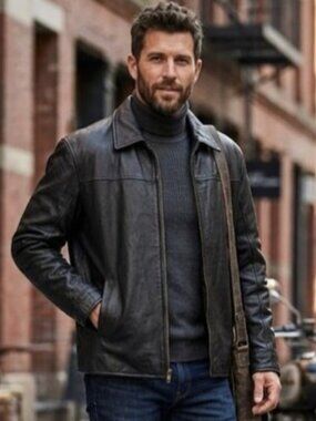 White Mountain Black Genuine Leather Quilted Moto Trucker Jacket M-L